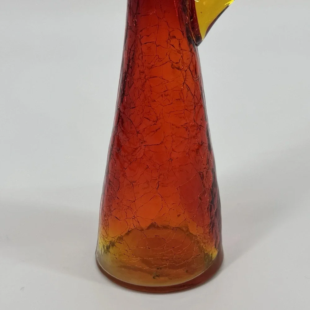 Vintage Amberina Red Crackle Art Glass Pitcher Yellow Handle Hand Blown MCM